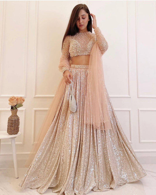 Designer Lehenga Choli with Statement Full Sleeve Crop Top