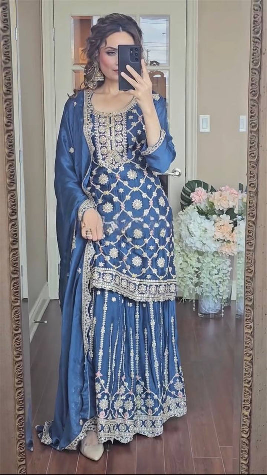 Stylish Chinnon Silk Embroidered Plazzo Set with Dupatta