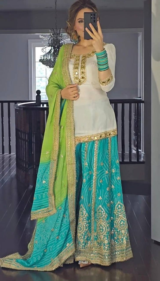 White Glamour Georgette Sharara Suit with Intricate Embroidery