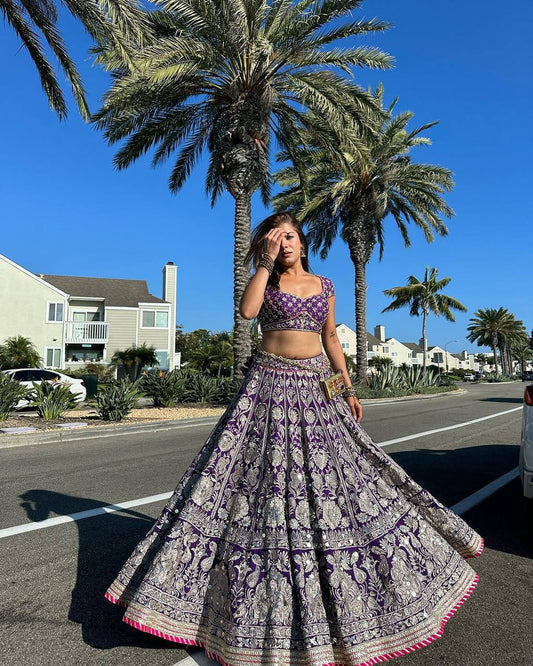 Elegant Lehenga with Thread Embroidery Sequins Work, and Lace Border Detailing