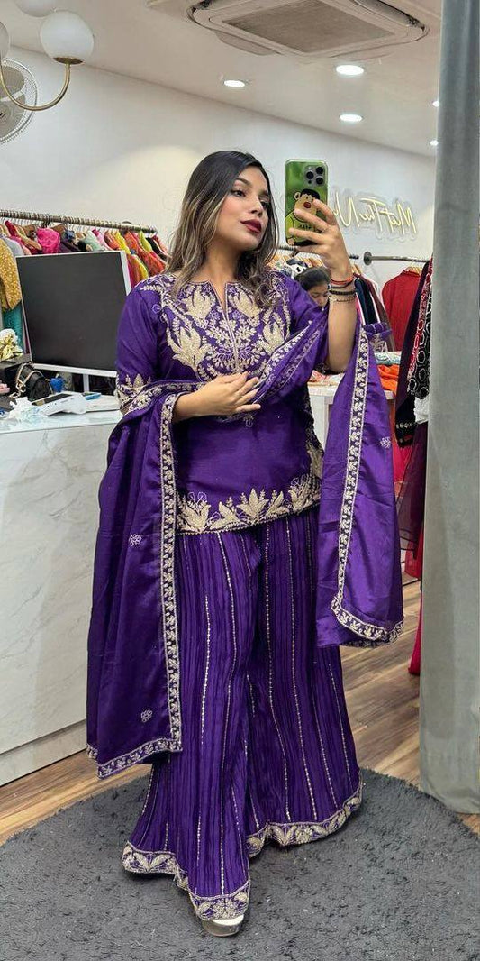 Stunning Sharara Suit in Pure Chinnon Silk with All Over Heavy Embroidery and Sequins Work