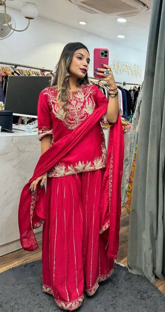 Stunning Sharara Suit in Pure Chinnon Silk with All Over Heavy Embroidery and Sequins Work