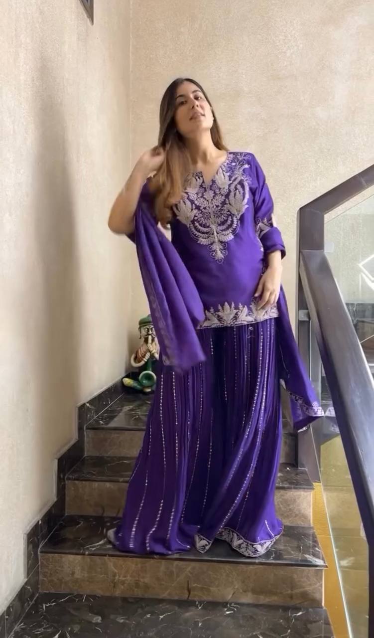 Stunning Sharara Suit in Pure Chinnon Silk with All Over Heavy Embroidery and Sequins Work
