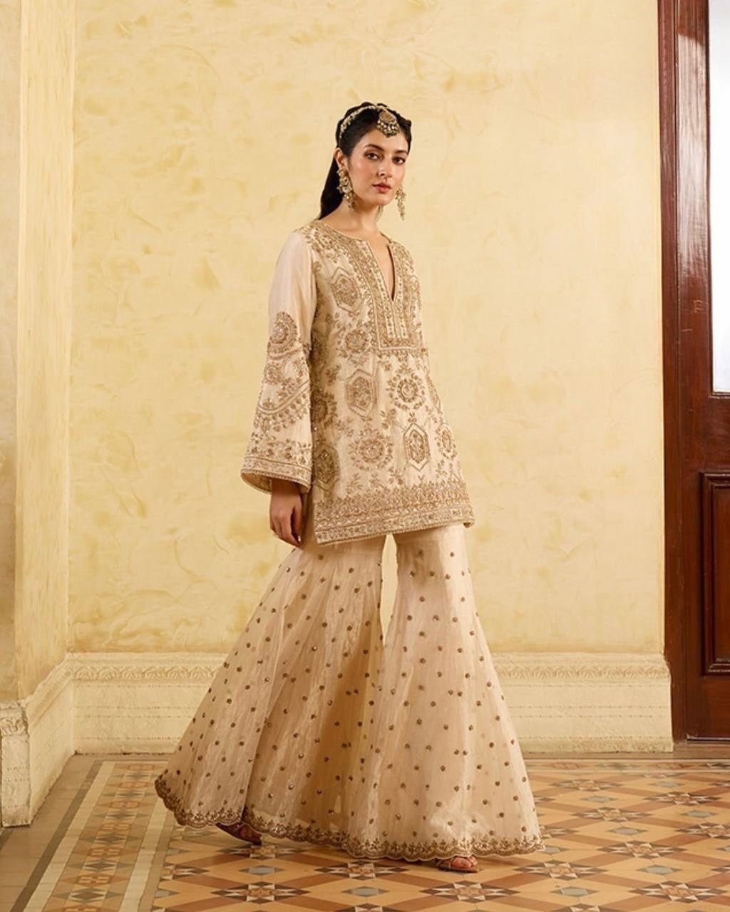 Elegant Chinon Silk Palazzo Set Timeless Grace with Intricate Embroidery