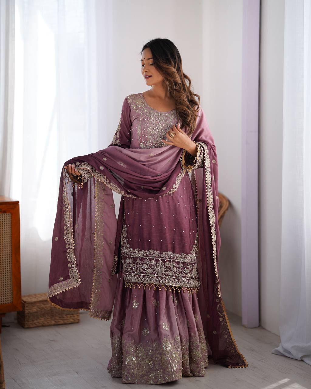 Elegant Light Purple Top Palazzo Chinon With Cording Sequence and River Moti Work