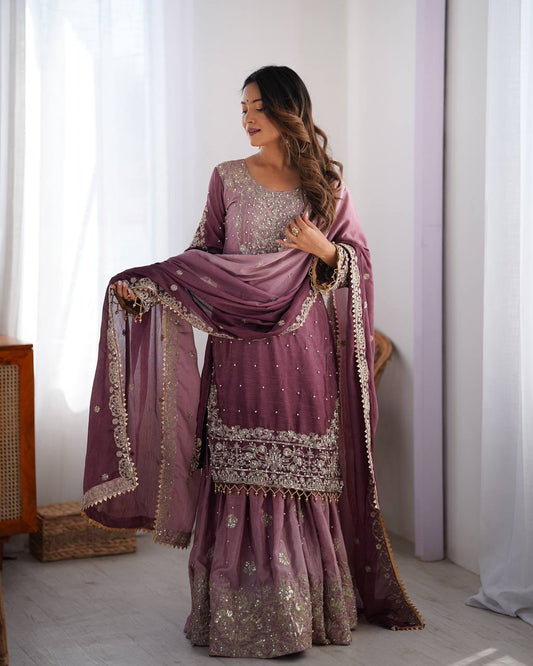 Elegant Light Purple Top Palazzo Chinon With Cording Sequence and River Moti Work