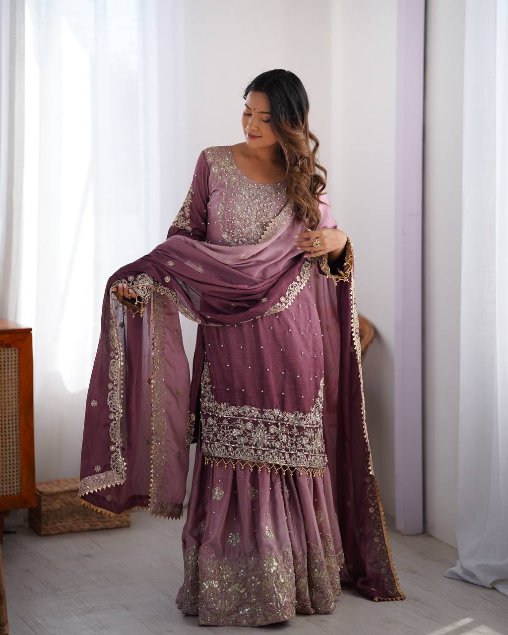 Elegant Light Purple Top Palazzo Chinon With Cording Sequence and River Moti Work