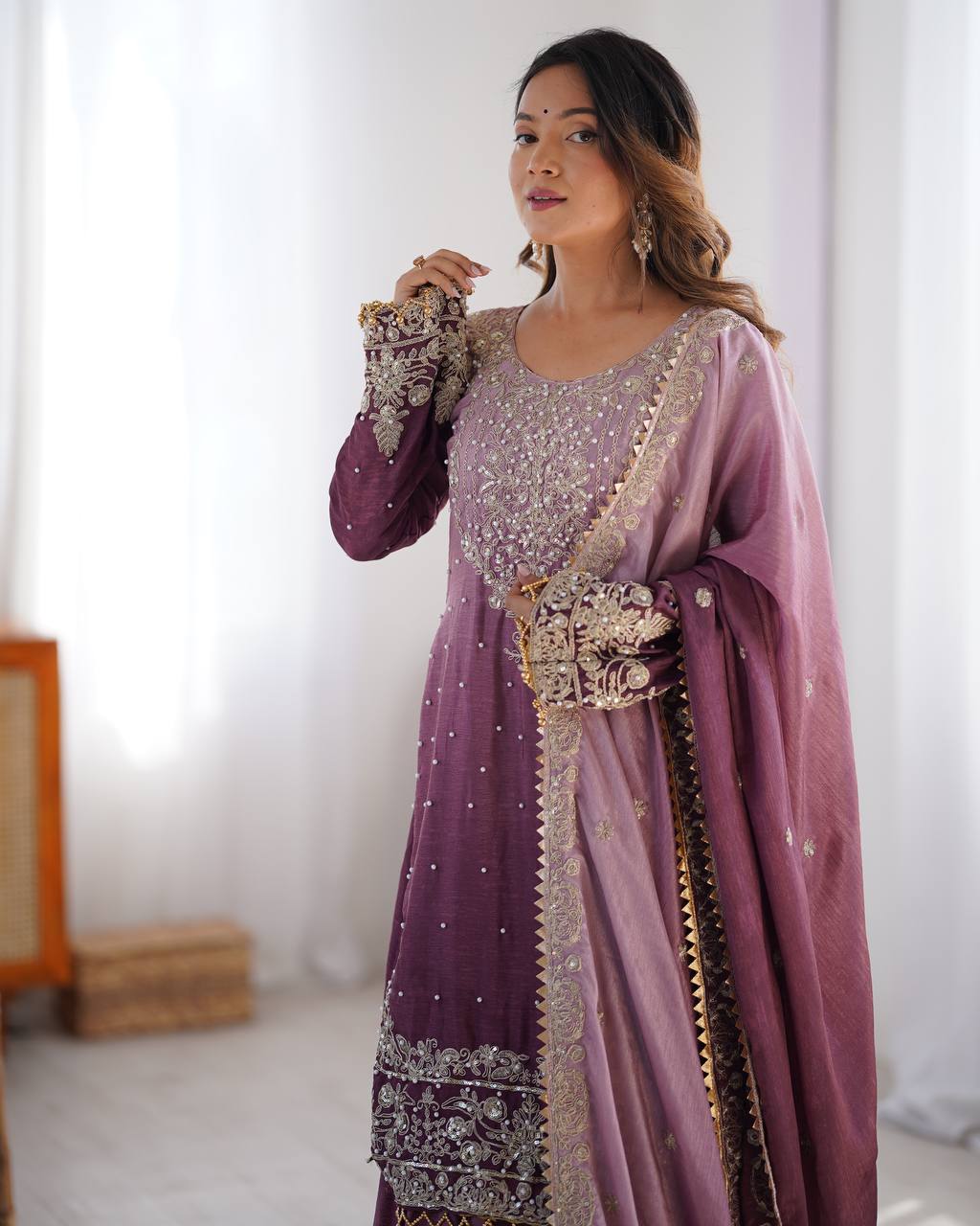 Elegant Light Purple Top Palazzo Chinon With Cording Sequence and River Moti Work