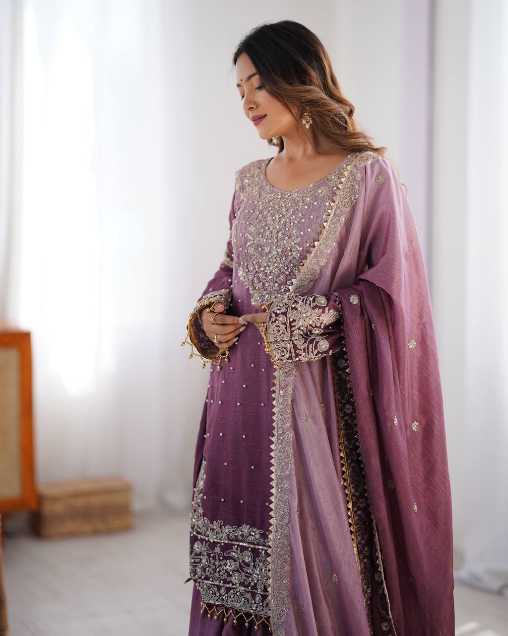 Elegant Light Purple Top Palazzo Chinon With Cording Sequence and River Moti Work