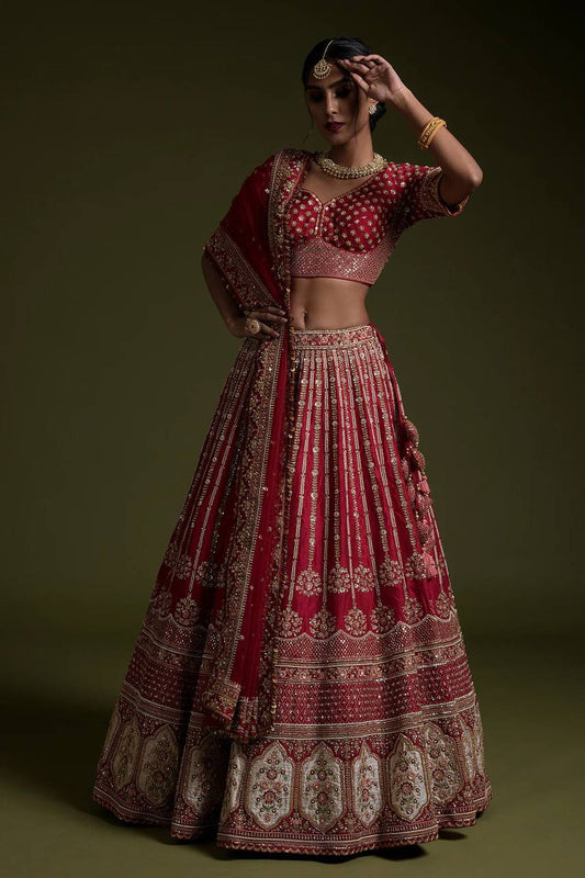 Traditional Golden Red Bridal Lehenga in Premium Silk Fabric