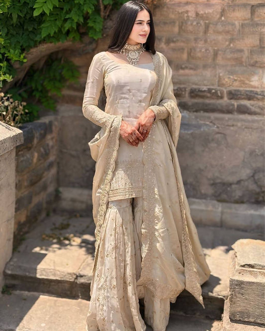 Elegant Cream Chinon Silk Embroidered Salwar Suit with Sequins