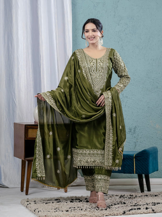 Premium Pure Chinnon Silk Suit Set with Heavy Embroidery & Coding Sequence Work