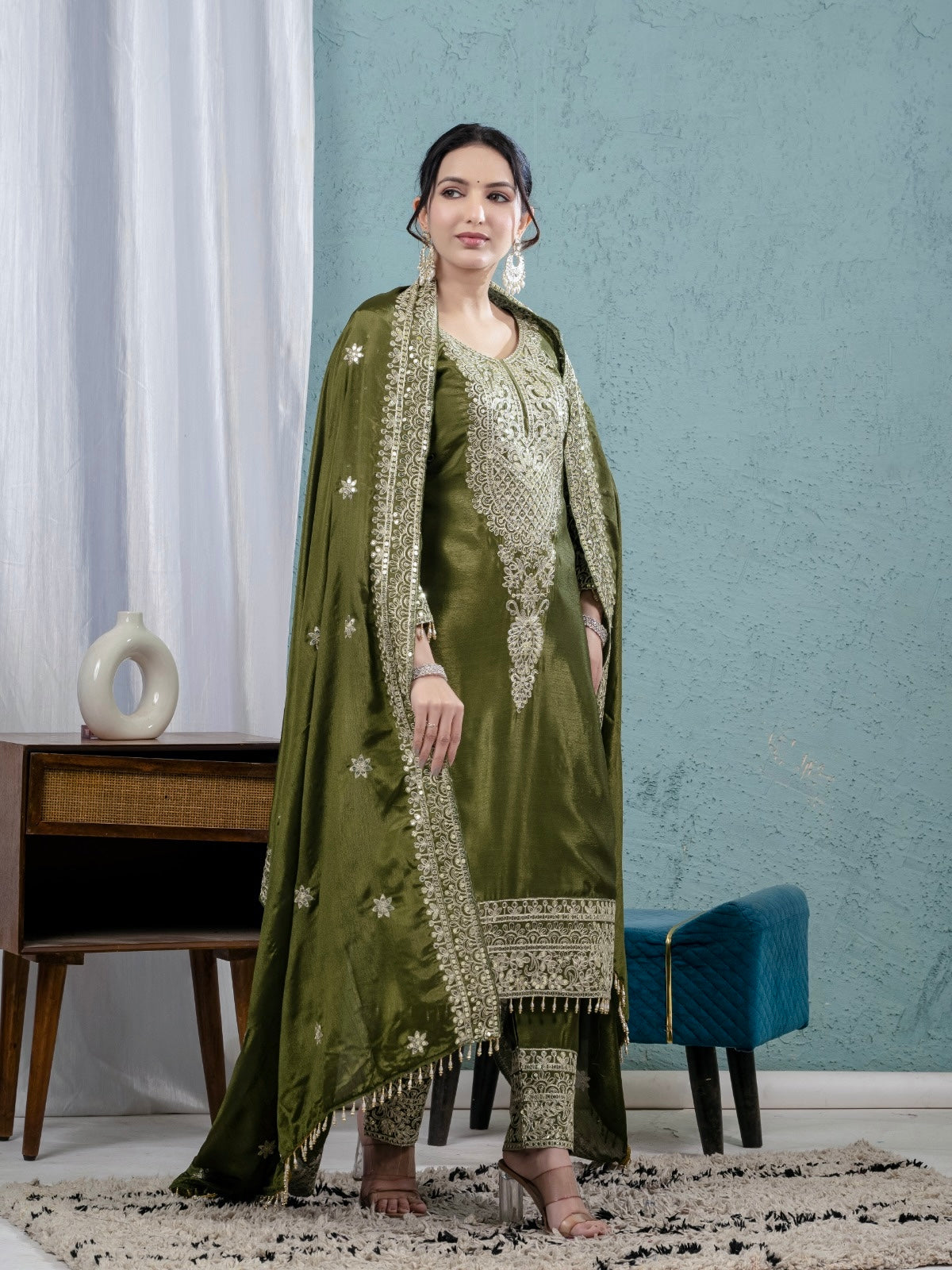Premium Pure Chinnon Silk Suit Set with Heavy Embroidery & Coding Sequence Work