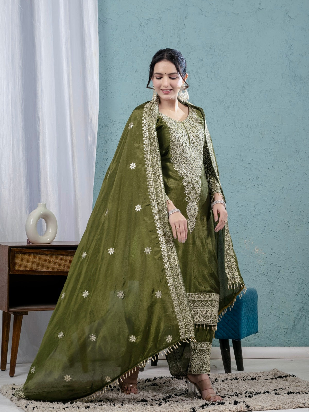 Premium Pure Chinnon Silk Suit Set with Heavy Embroidery & Coding Sequence Work