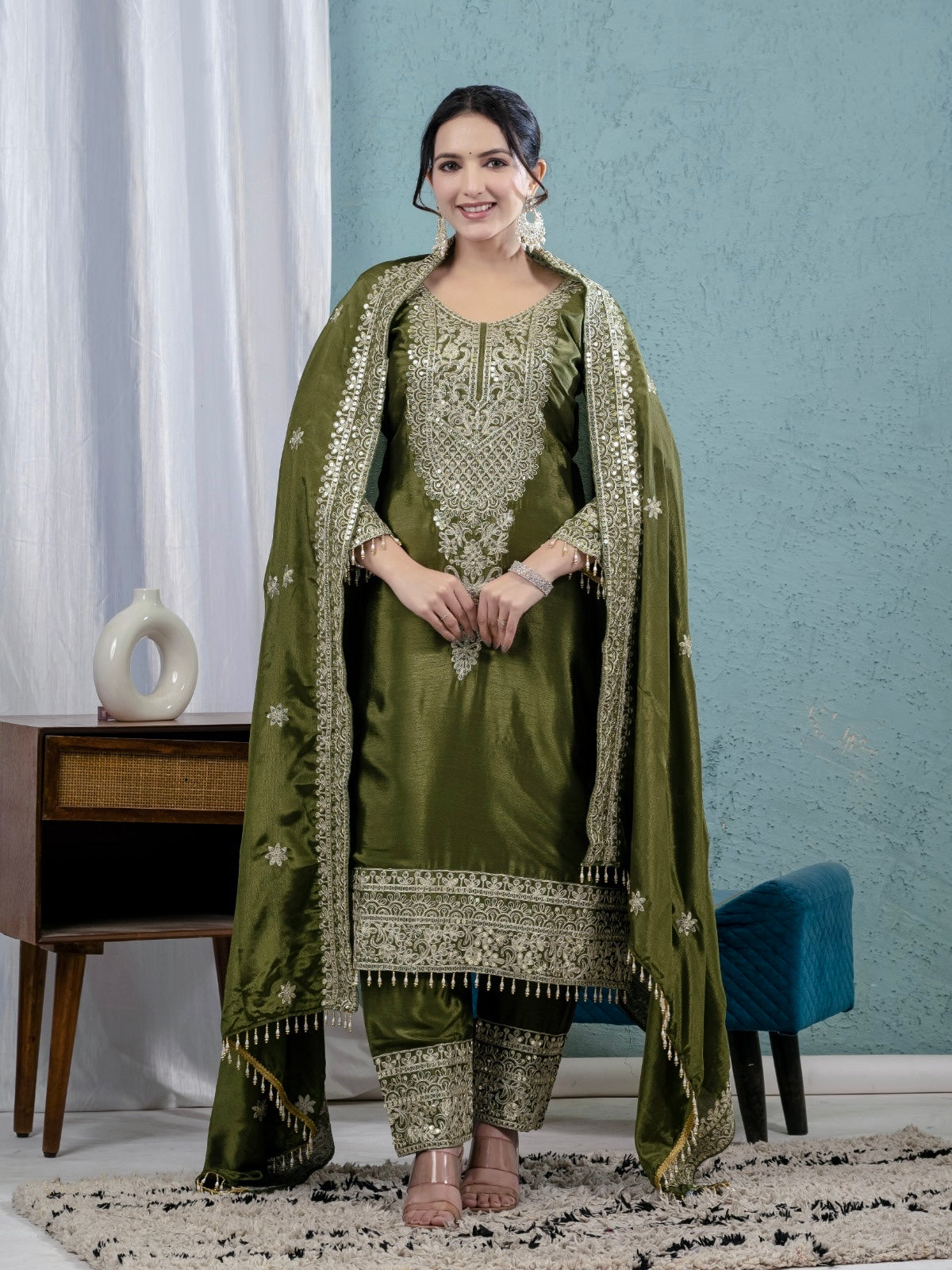 Premium Pure Chinnon Silk Suit Set with Heavy Embroidery & Coding Sequence Work