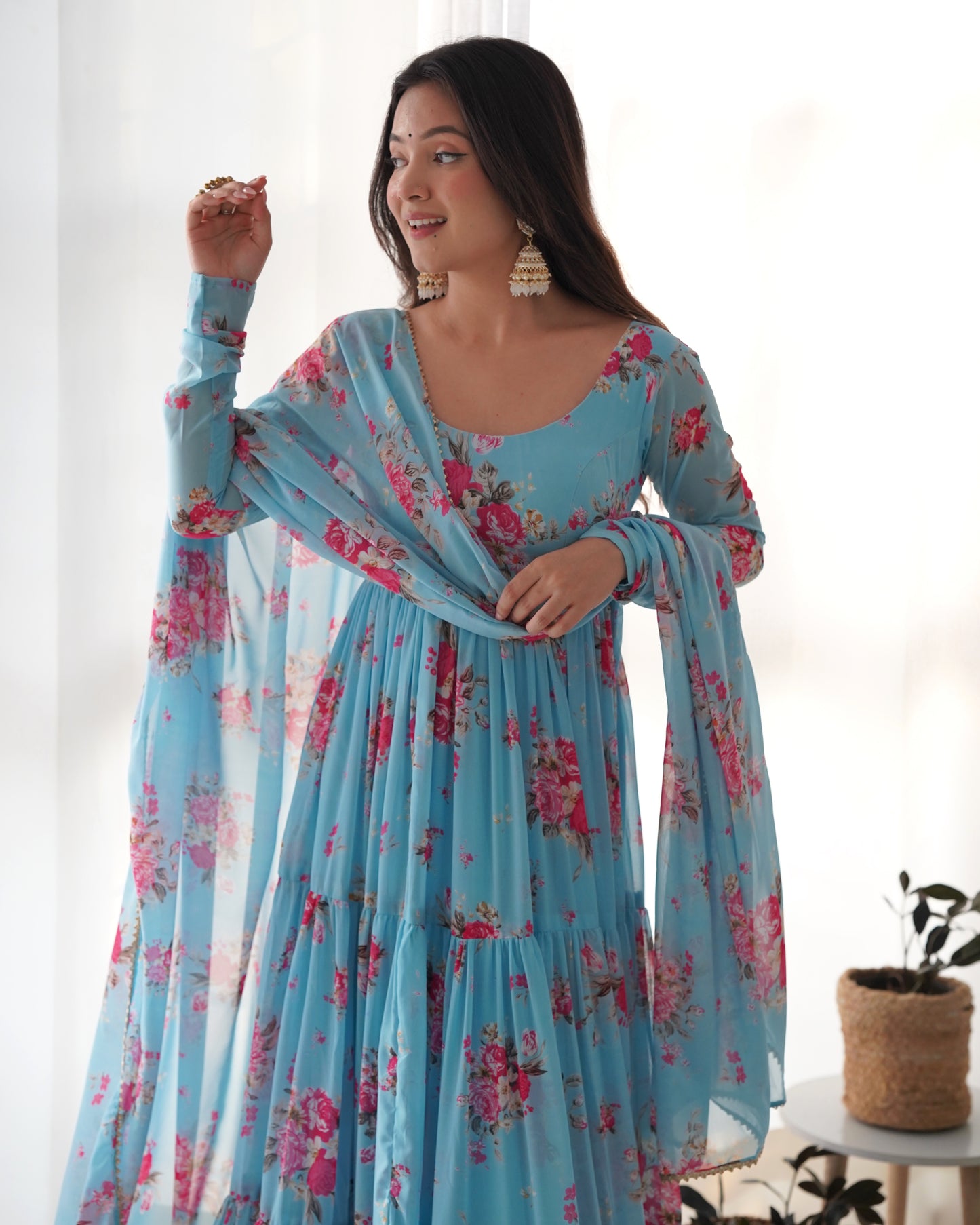 PURE SOFT FOX GEORGETTE FLORAL PRINT FABRIC FULLY FLAIR ANARKALI,WITH DUPPTA SET,PENT READY TO WEAR