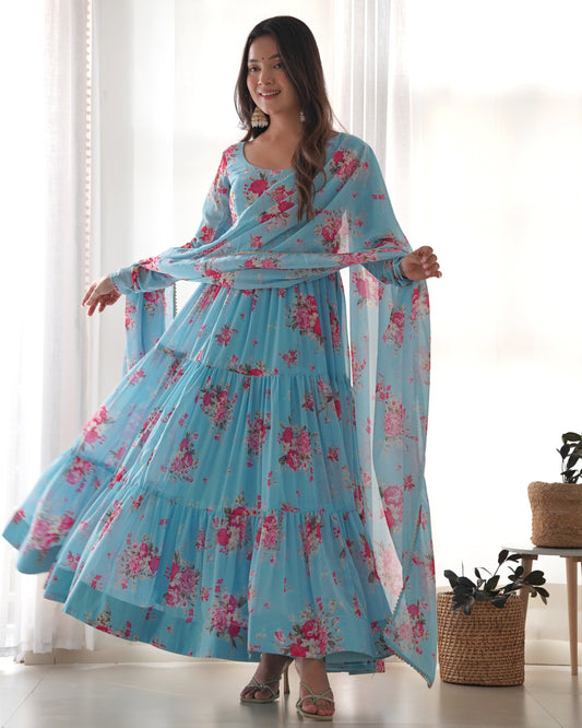 PURE SOFT FOX GEORGETTE FLORAL PRINT FABRIC FULLY FLAIR ANARKALI,WITH DUPPTA SET,PENT READY TO WEAR