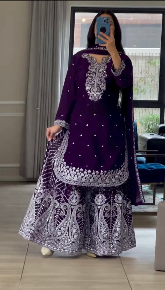 Premium Chinnon Silk Sharara Plazzo Set with Heavy Embroidery & Fancy Latkan Detailing