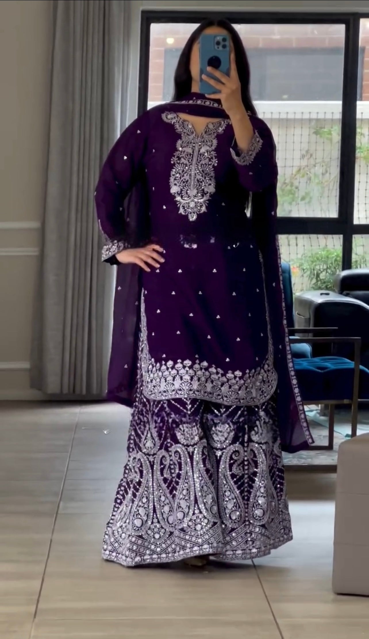 Premium Chinnon Silk Sharara Plazzo Set with Heavy Embroidery & Fancy Latkan Detailing