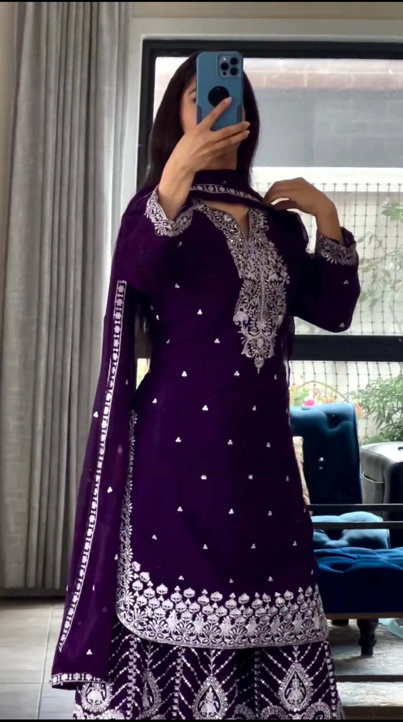 Premium Chinnon Silk Sharara Plazzo Set with Heavy Embroidery & Fancy Latkan Detailing