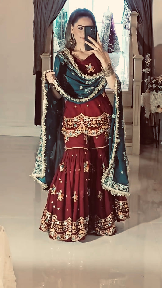 Elegant Faux Georgette Sharara Palazzo Set with Embroidery & Sequence Work