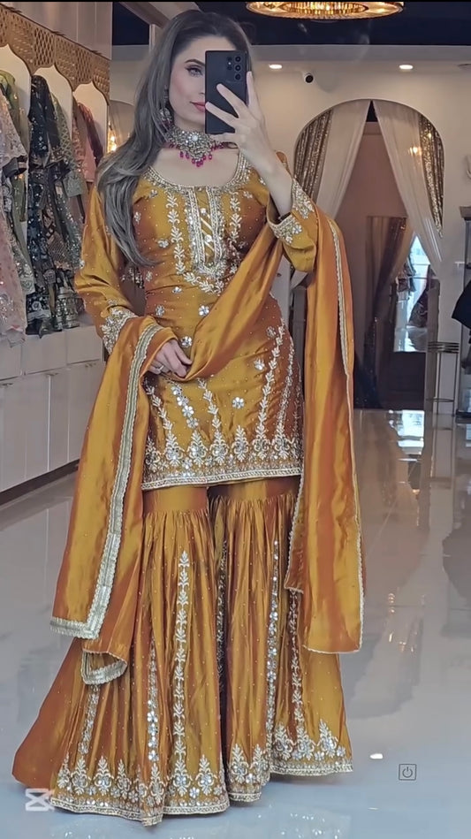 Mustard Elegant Chinnon Silk Sharara Plazzo Set with Diamond Embroidery & Fancy Detailing