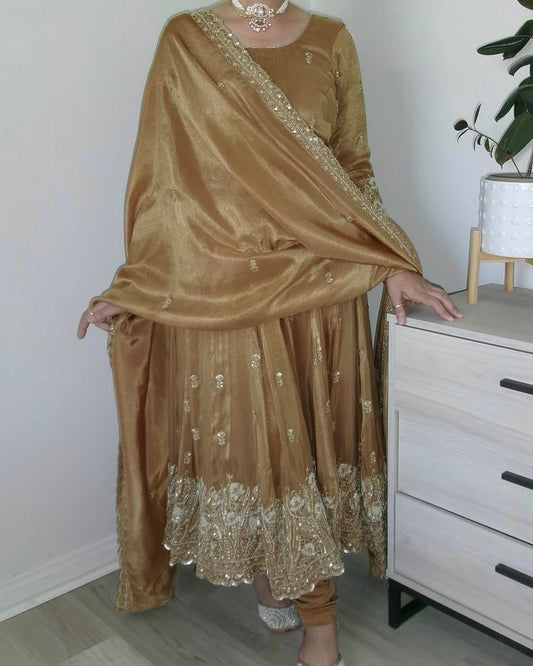 Fabulous Jimmy Choo Beige Anarkali Gown with Embroidery & Sequence Work