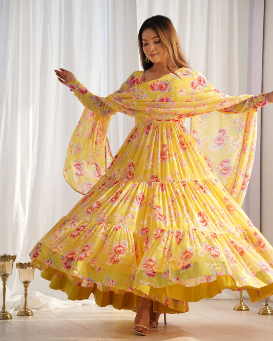 PURE SOFT FOX GEORGETTE YELLOW FLORAL PRINT FABRIC FULLY FLAIR ANARKALI,WITH DUPPTA SET,PENT READY TO WEAR